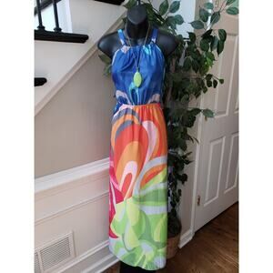 Ruiyige Long Maxi Dress Women's L Multi Abstract Print Halter Boho Cinch Waist
